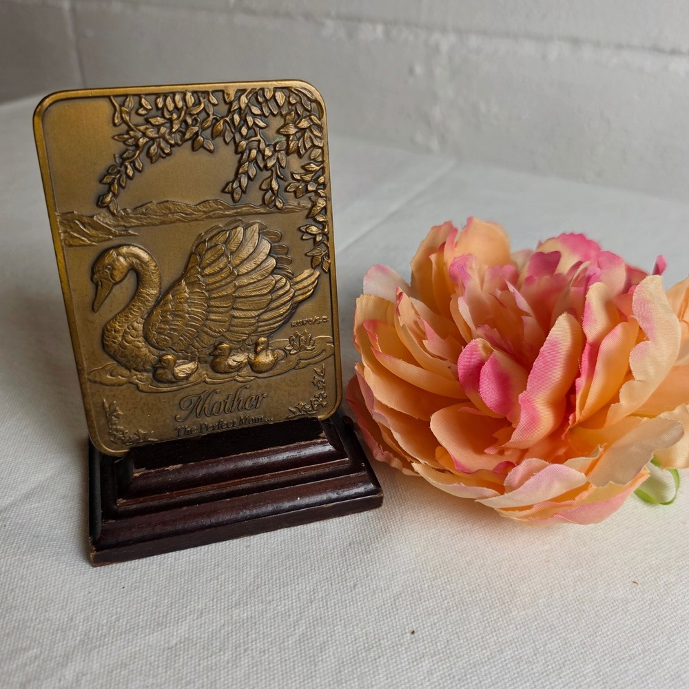 Vintage 1990 Mother Poem Swan Bronze Tone Plaque Gerald C Henry Wood Base